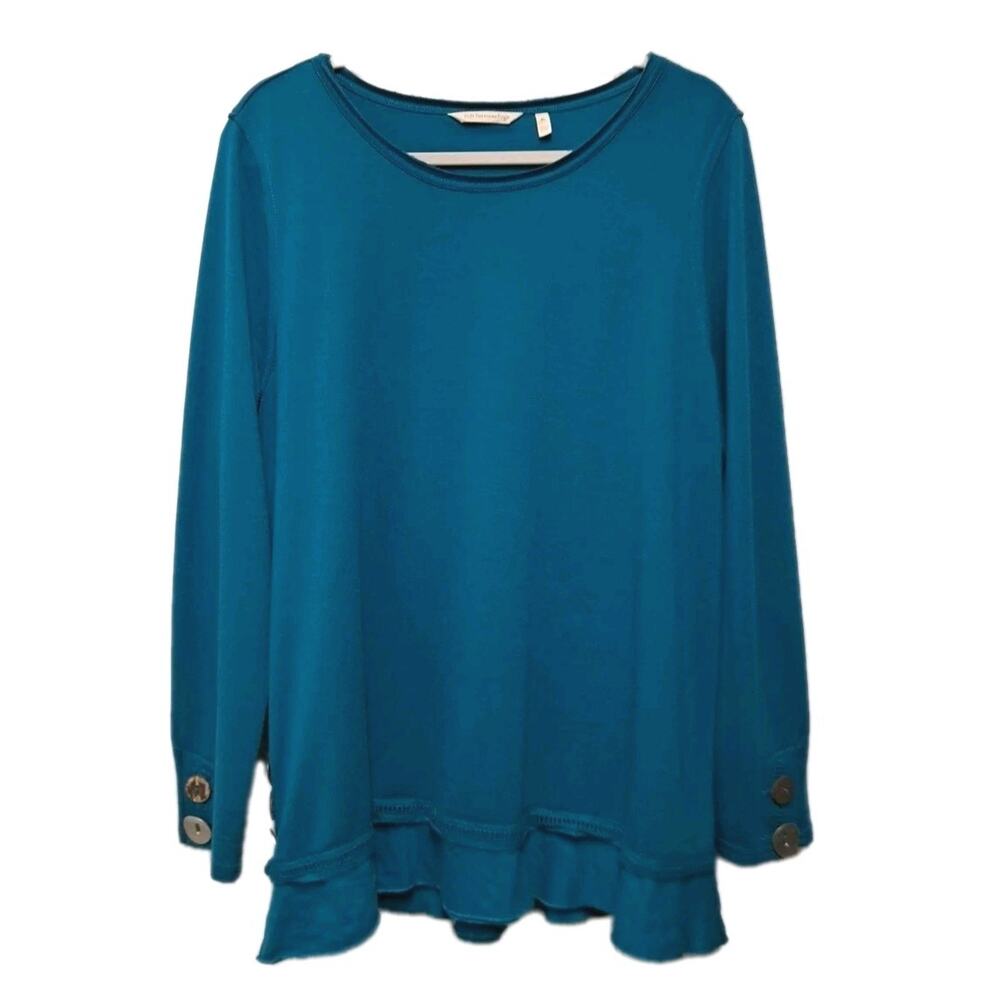 Soft Surroundings Tunic Top Womens XL Teal Green Knit Long Sleeve Pullover Artsy